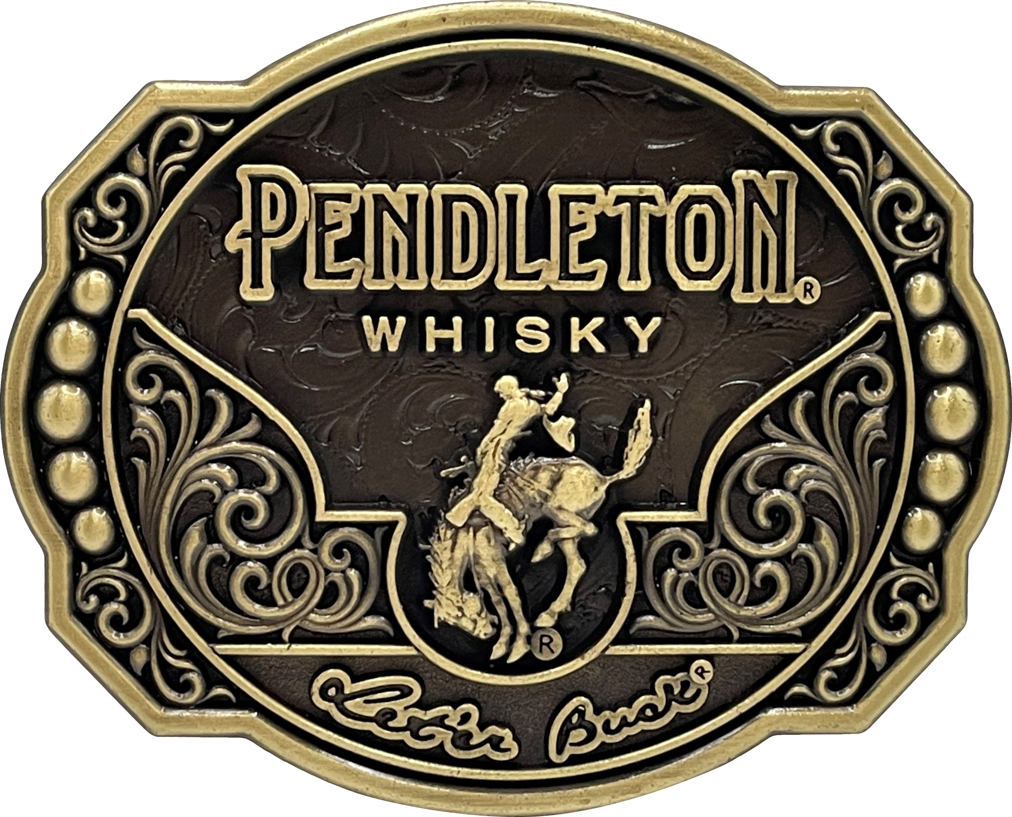 Pendleton Whisky 2024 Belt Buckle - Featuring Pendleton Round-Ups Bucking Horse and Leter Buck Slogan on Brown Leather with Gold Detail - Commemorating 2024