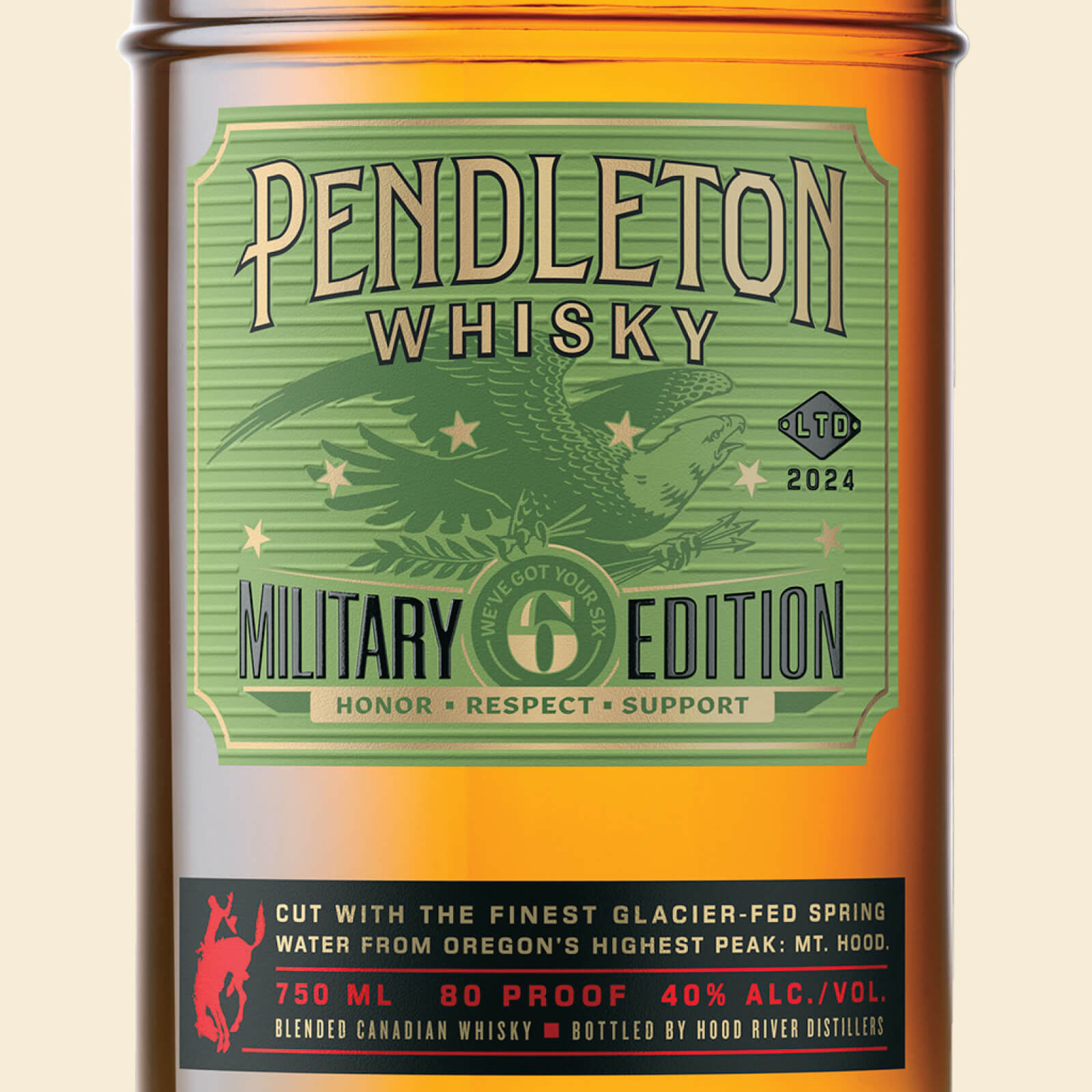 Closeup of Pendleton® Whisky Military Edition bottle label
