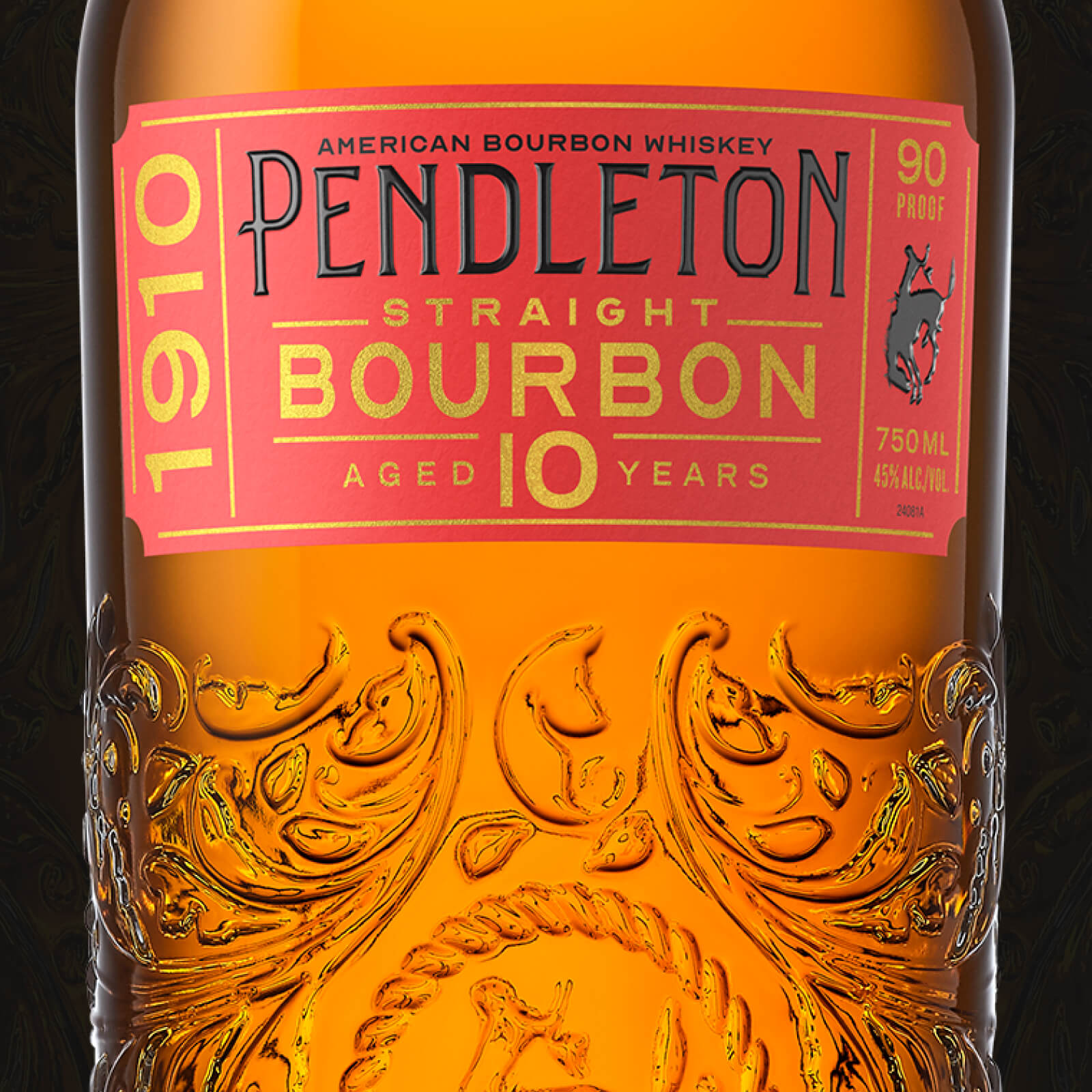 A close-up of a Pendleton 1910 Straight Bourbon Whiskey bottle. The label details the bourbon's age (10 years), proof (90), and volume (750 ml). The bottle has intricate gold and red designs.