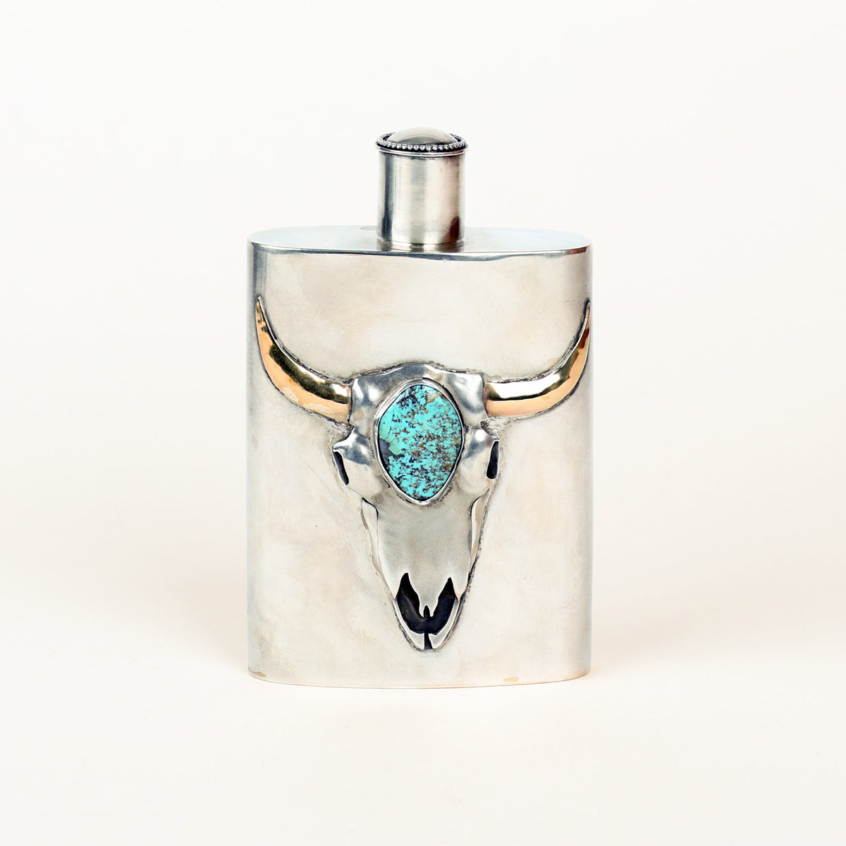 Buffalo Skull Sterling Silver & Turquoise Flask