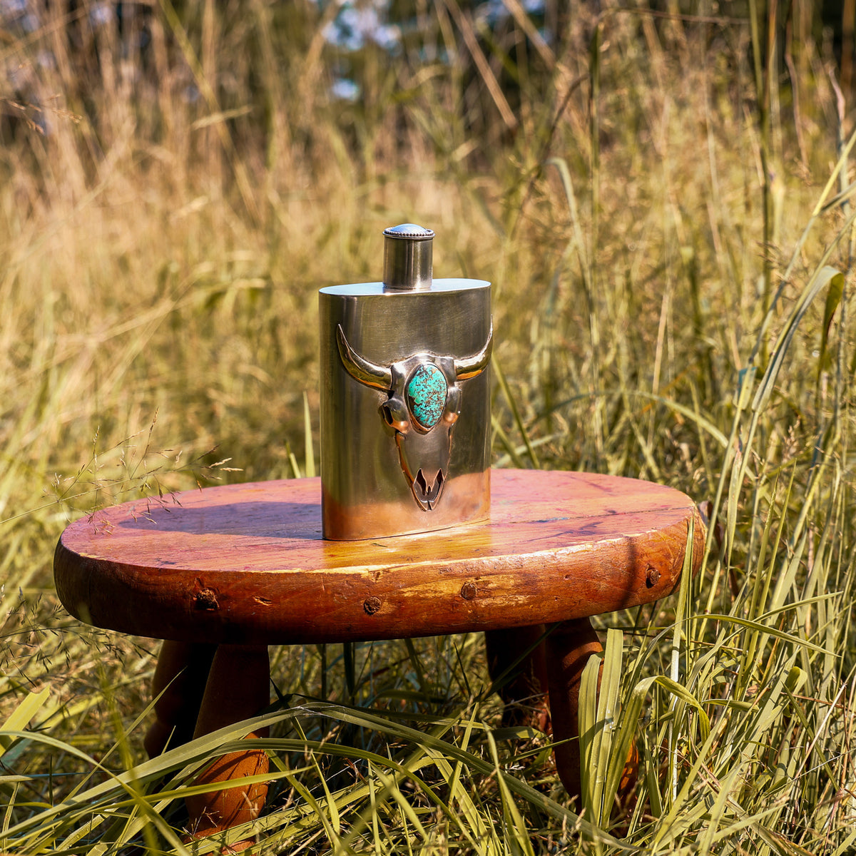 Buffalo Skull Sterling Silver & Turquoise Flask