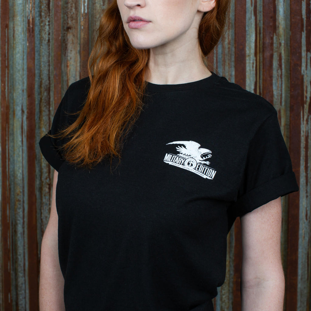 Front view of black Pendleton® Whisky Military Edition T-shirt on model