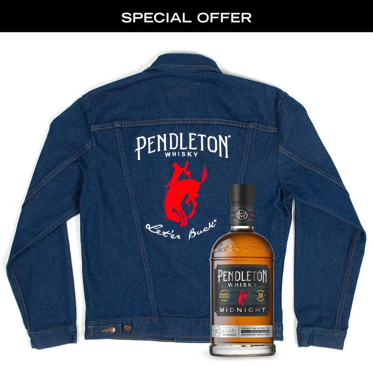 Pendleton® Whisky Midnight bottle paired with Men's Wrangler Denim Jacket with embroidered Pendleton® Whisky logo