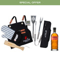 The Bourbon BBQ Set complete with 6 piece grilling kit, black canvas apron and Pendleton 1910 Bourbon bottle