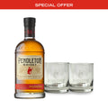 A bottle of Pendleton® Whisky Original and a set of rocks glasses etched with the Pendleton® Whisky logo.