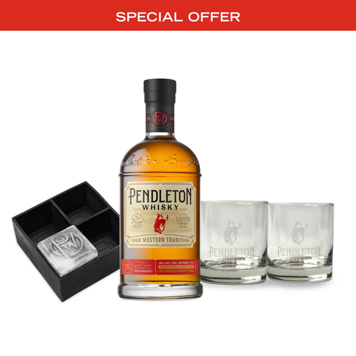 Pendleton® Whisky Original bottle paired with a rocks glass and Pendleton® Whisky Logo Ice Tray