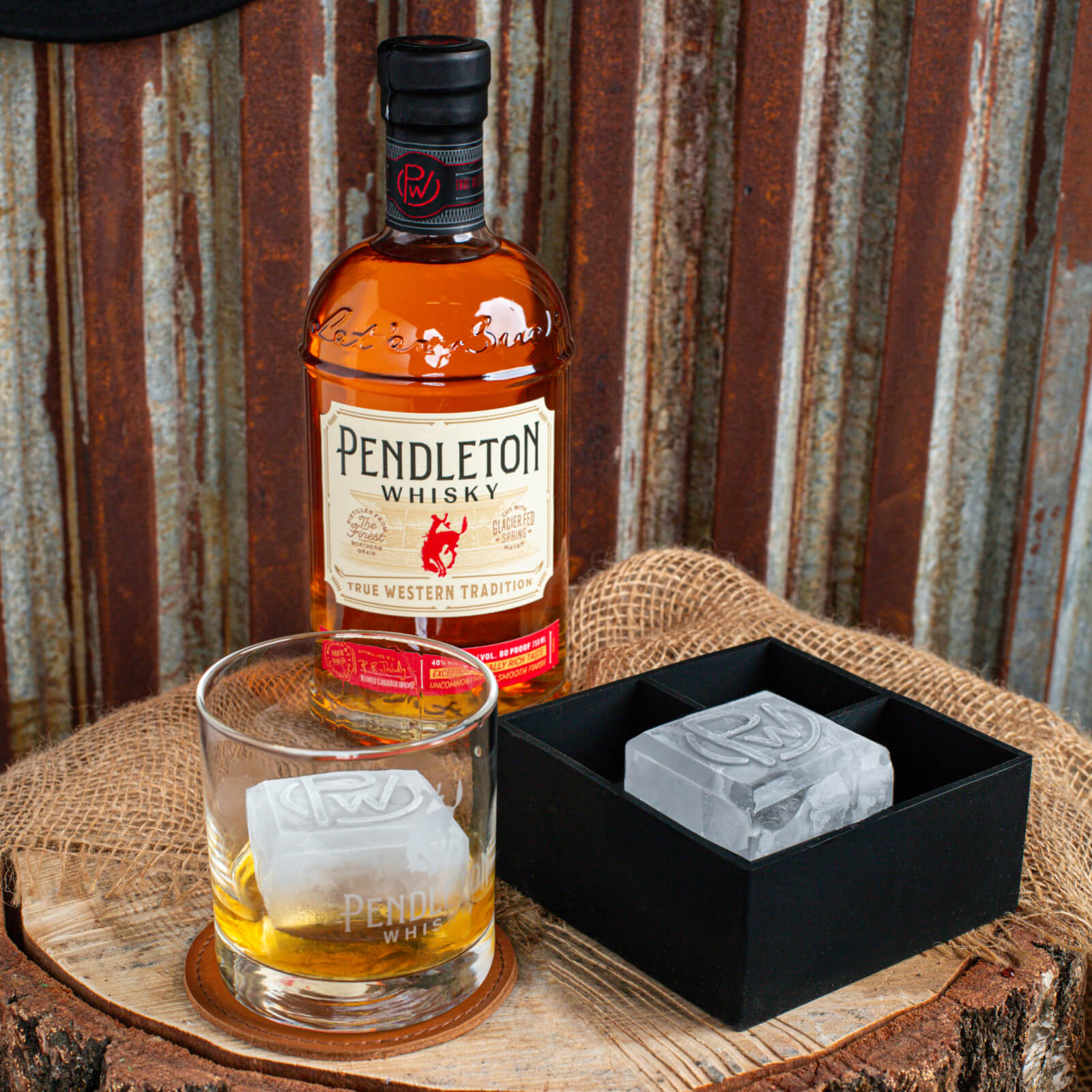 Pendleton® Whisky Original bottle paired with a rocks glass and Pendleton® Whisky Logo Ice Tray