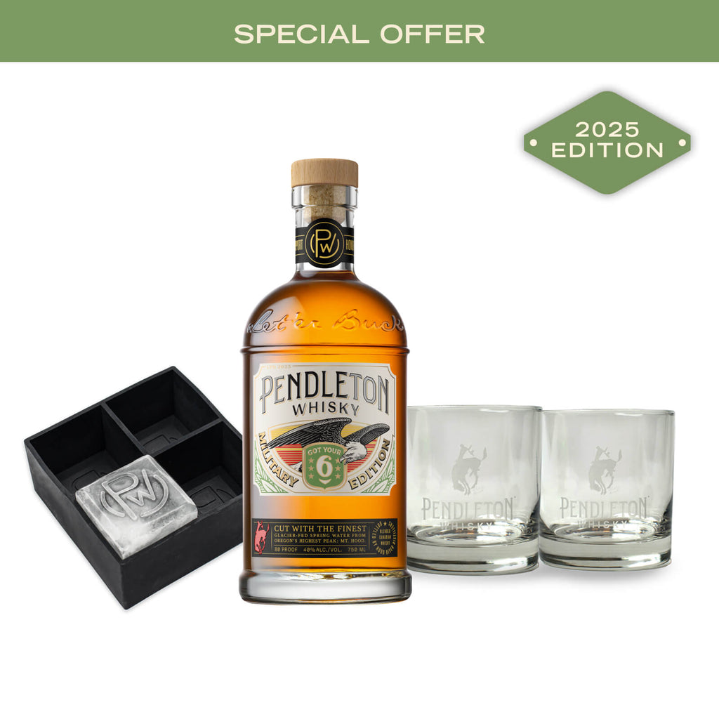 A bottle of 2025 Pendleton® Whisky Military Edition, and a set of rocks glasses etched with the Pendleton® Whisky logo, and a Pendleton Whisky Ice Cube Tray.