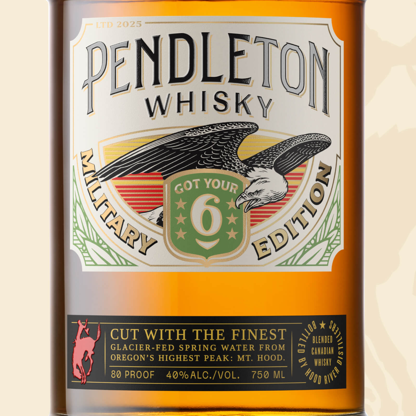 Pendleton® Whisky 2025 Military Edition bottle label with bald eagle and Got Your 6 illustration