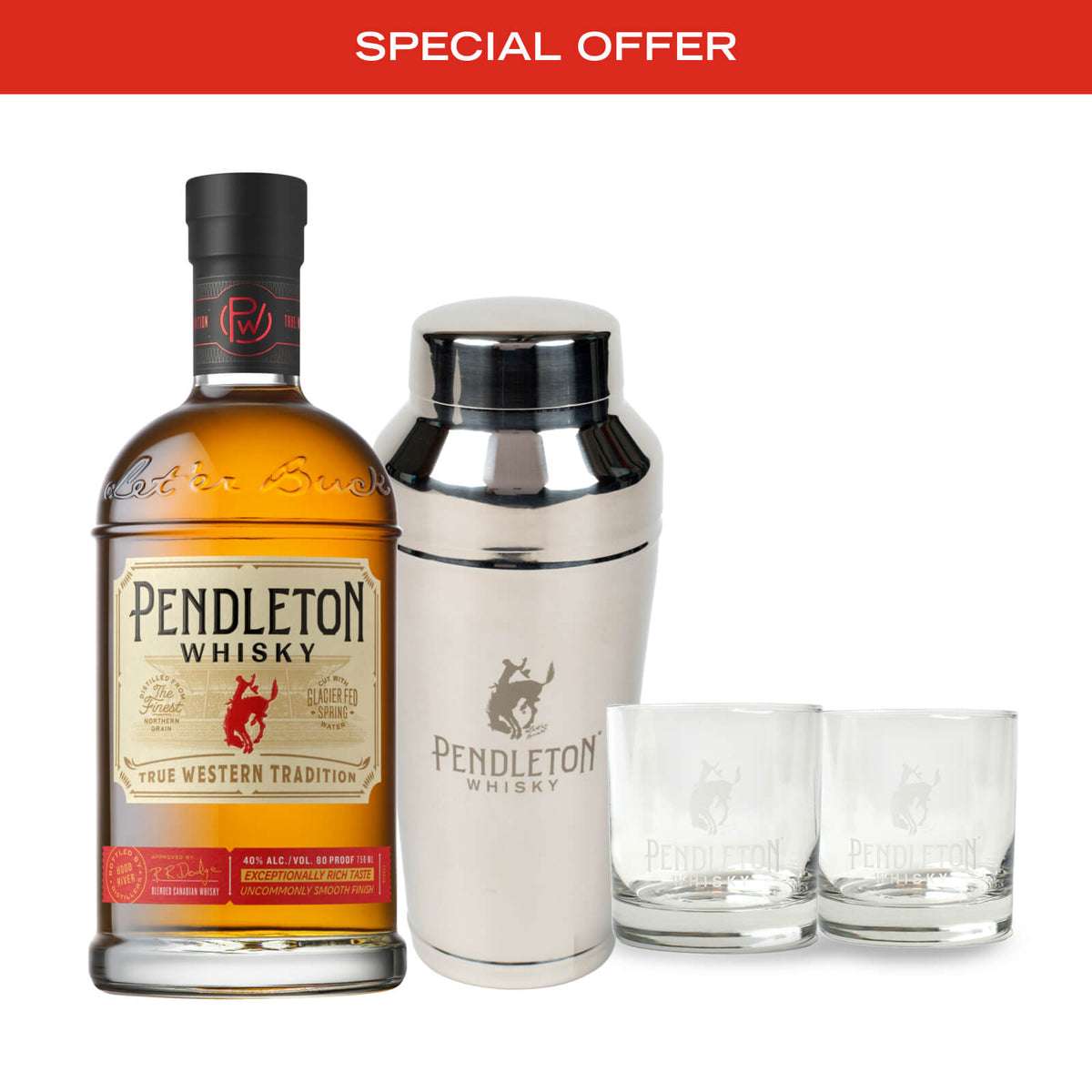 Pendleton® Whisky Original bottle,cocktail shaker, and logo etched rocks glasses