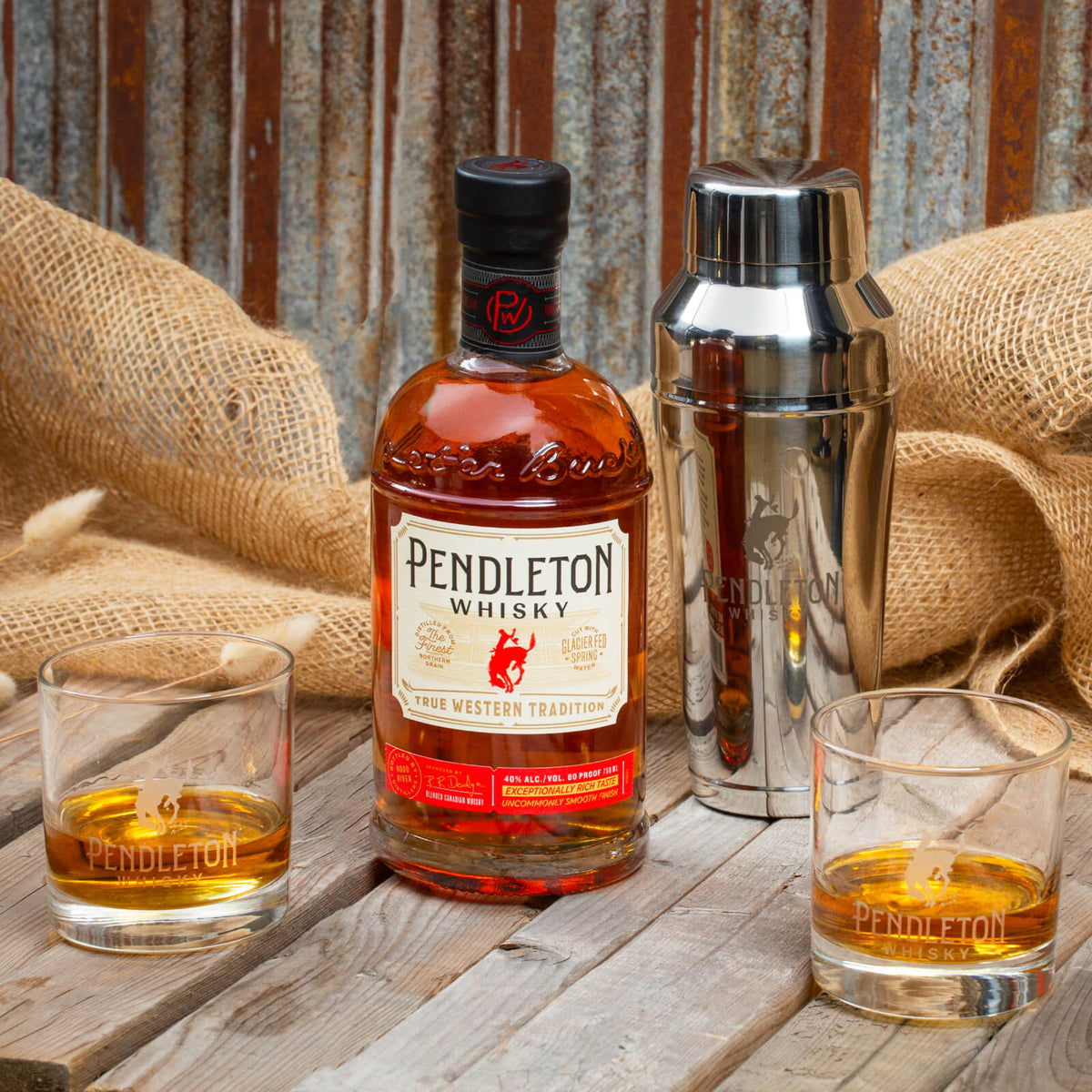 Pendleton® Whisky Original bottle,cocktail shaker, and logo etched rocks glasses
