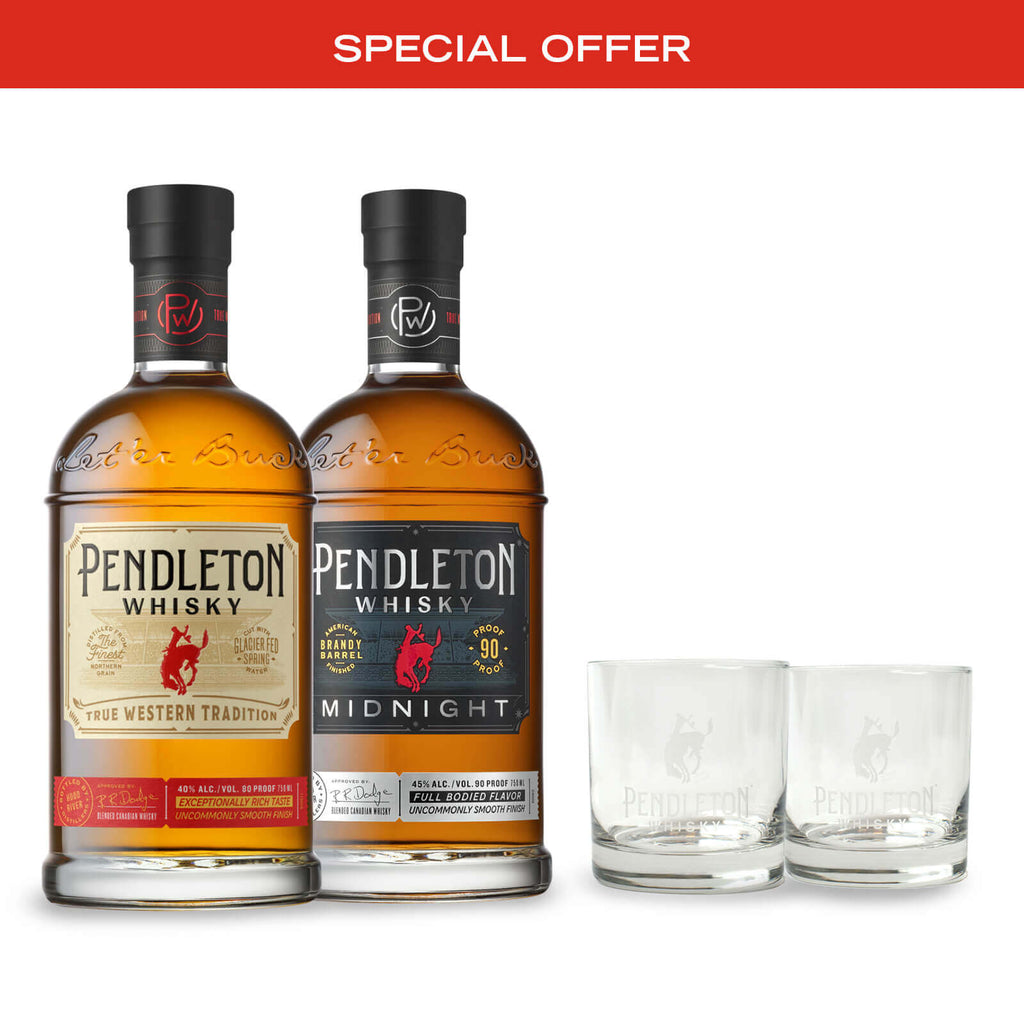 Pendleton® Whisky Original bottle, Pendleton® Whisky Midnight bottle paired Pendleton® Whisky Logo Ice Tray