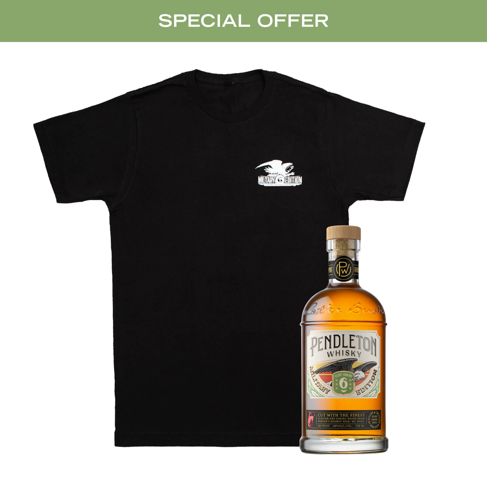 A bottle of 2025 Pendleton® Whisky Military Edition and Military Edition T-shirt.
