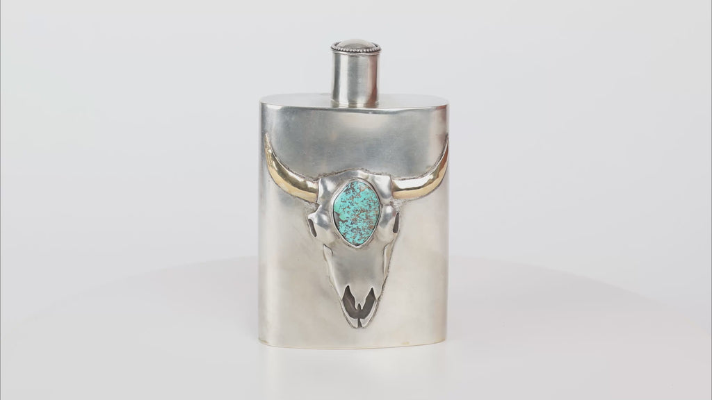 Buffalo Skull Sterling Silver & Turquoise Flask