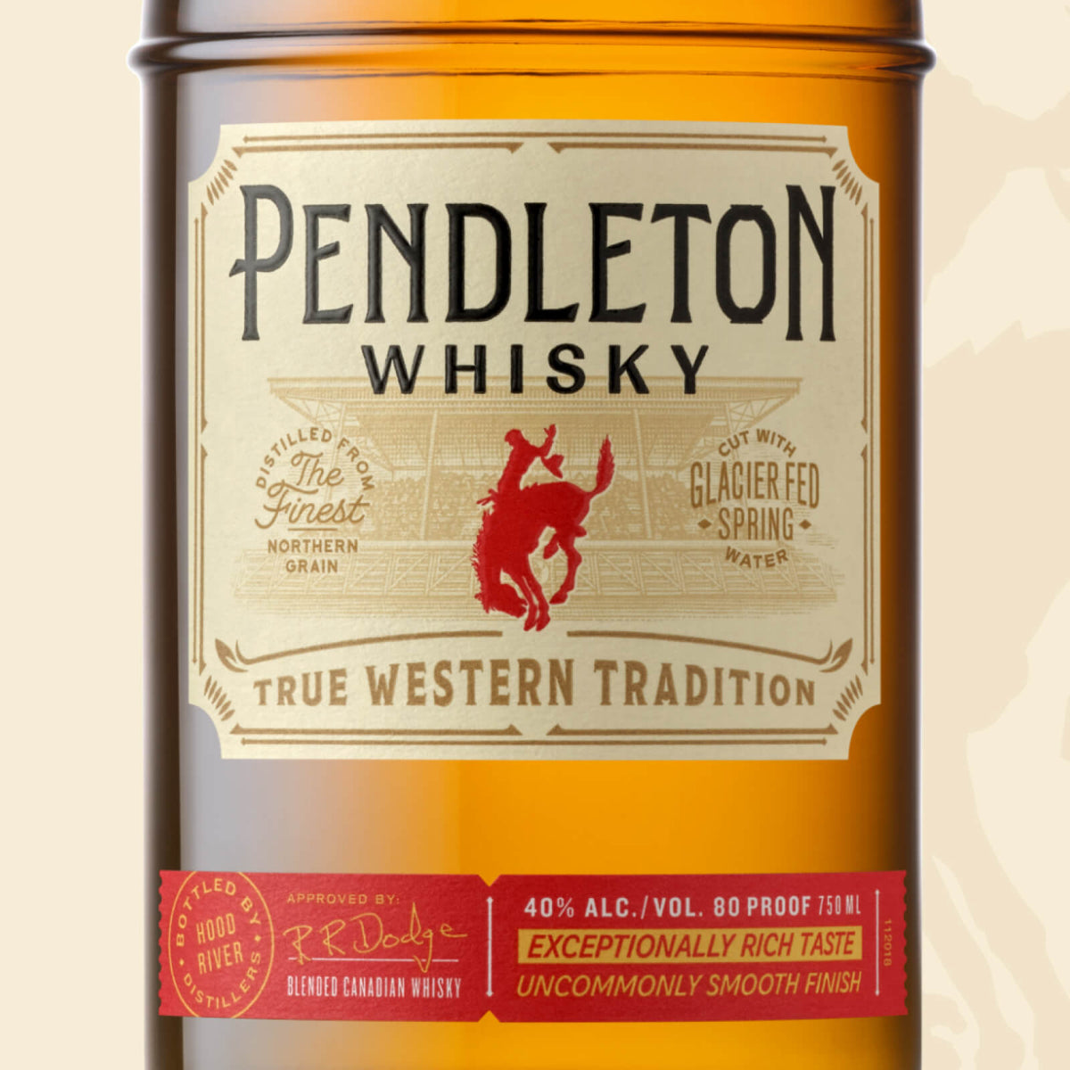 Each Pendleton Whisky Original bottle prominently features the rodeo’s famous bucking horse symbol and Let’er Buck slogan